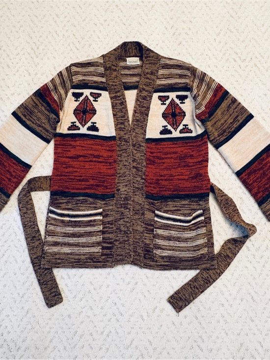 Vintage Sweaters - Vintage Southwestern Aztec Belted Cardigan Sweater Womens Medium Earthy Boho